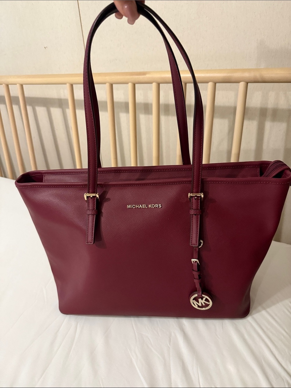 Michael Kors Wine Red Leather Tote with Gold Hardware